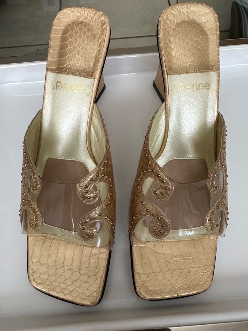 J.Renee Metallic Gold Clear Strap Mule Heels - Picture 6 of 10